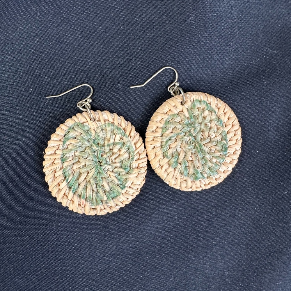 Handcrafted Woven Earrings - Green and Tan